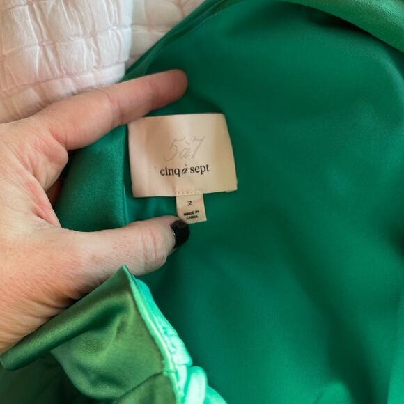 CINQ A SEPT Colina Satin One Shoulder Asymmetric Ruffle Dress Green Size 2 Chic - Picture 15 of 16